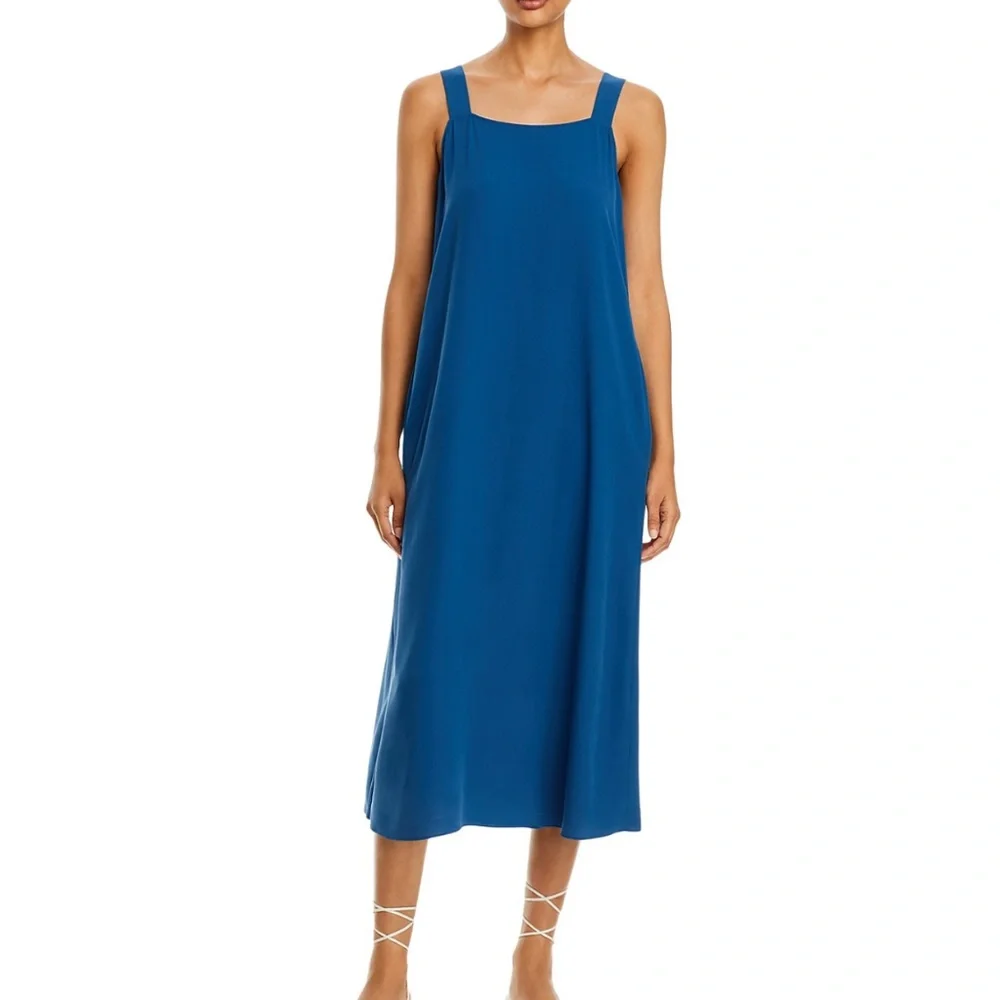 Eileen Fisher Square Neck Silk Georgette Dress, Atlantic Blue, Large NWT $398 - Picture 1 of 6